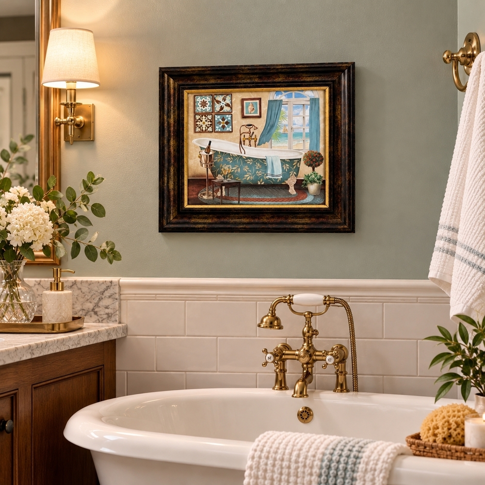 Framed Bathroom Wall Art Clawfoot Tub Print Teal Blue Bronze Frame Spa Decor VG